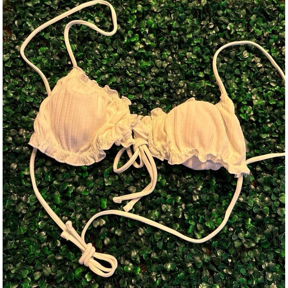White Ribbed Ruffle Bikini Top Swimsuit Adjustable Spaghetti Strap Small - Picture 4 of 4